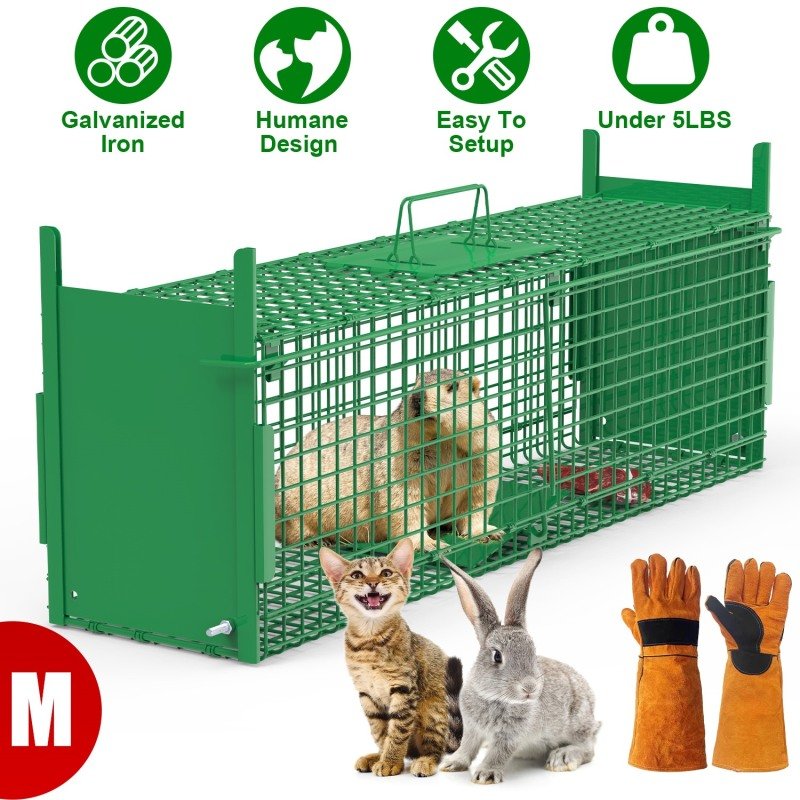 32in 2 Door Live Animal Cage Trap With Glove Green For Animals Under 12LBS Easy To Setup Humane Galvanized Iron Trap Cage For Rabbits Groundhogs from Decor 4 The Home